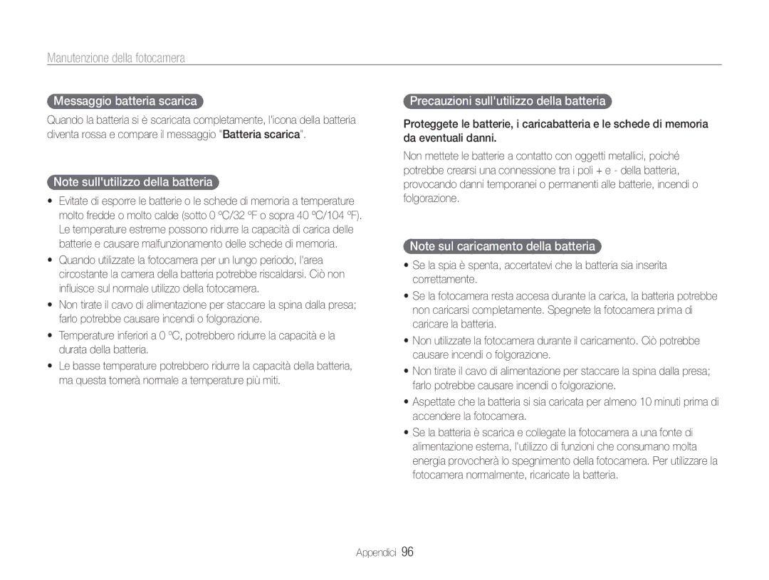 Samsung EC-PL210ZDPSME, EC-PL210ZBPBE1, EC-PL21ZZBPBE3 Messaggio batteria scarica, Precauzioni sullutilizzo della batteria 