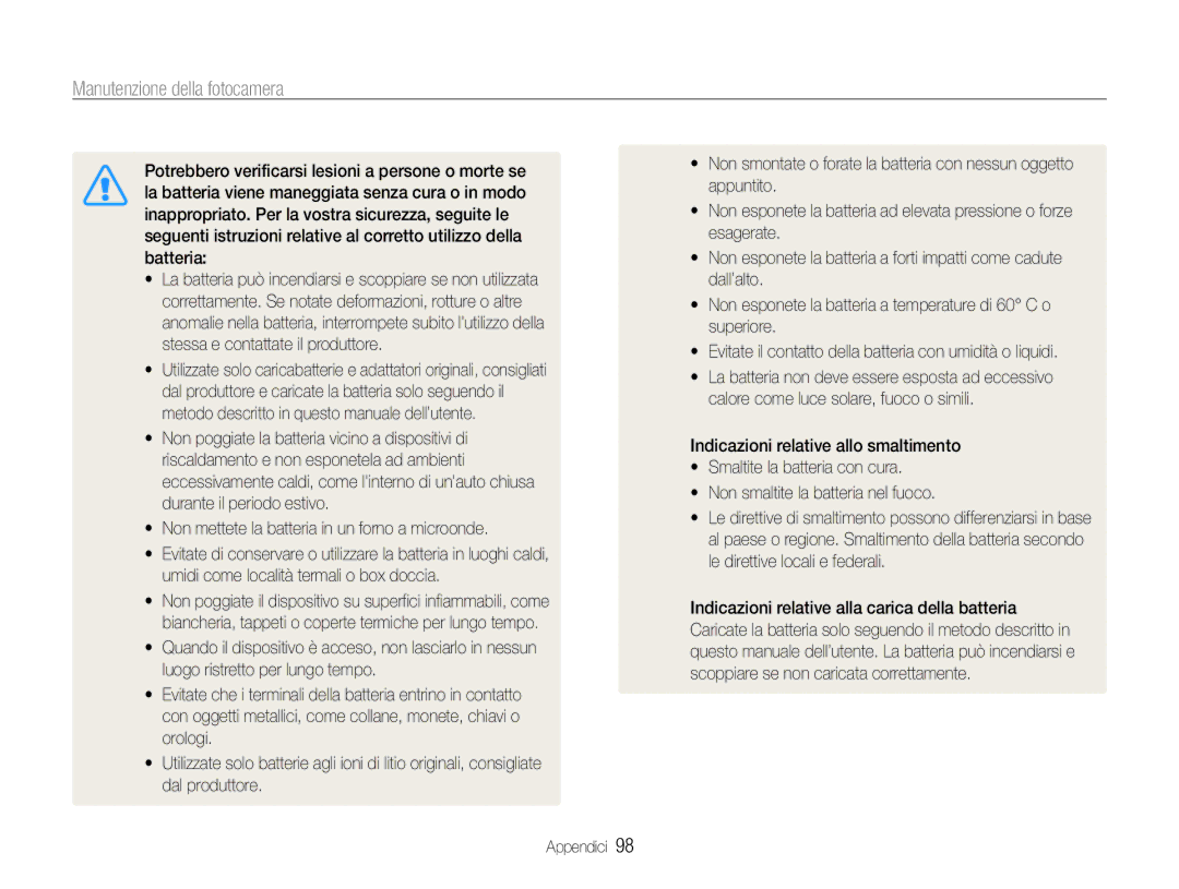 Samsung EC-PL21ZZBPPE1, EC-PL210ZBPBE1, EC-PL210ZDPSME, EC-PL21ZZBPBE3, EC-PL210ZDPBME manual Manutenzione della fotocamera 