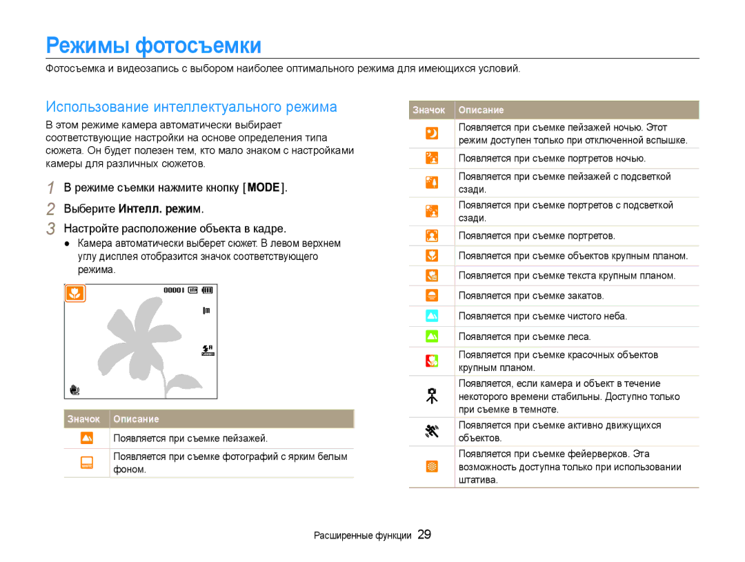 Samsung EC-PL210ZBPBE2, EC-PL210ZBPSRU Режимы фотосъемки, Использование интеллектуального режима, Выберите Интелл. режим 