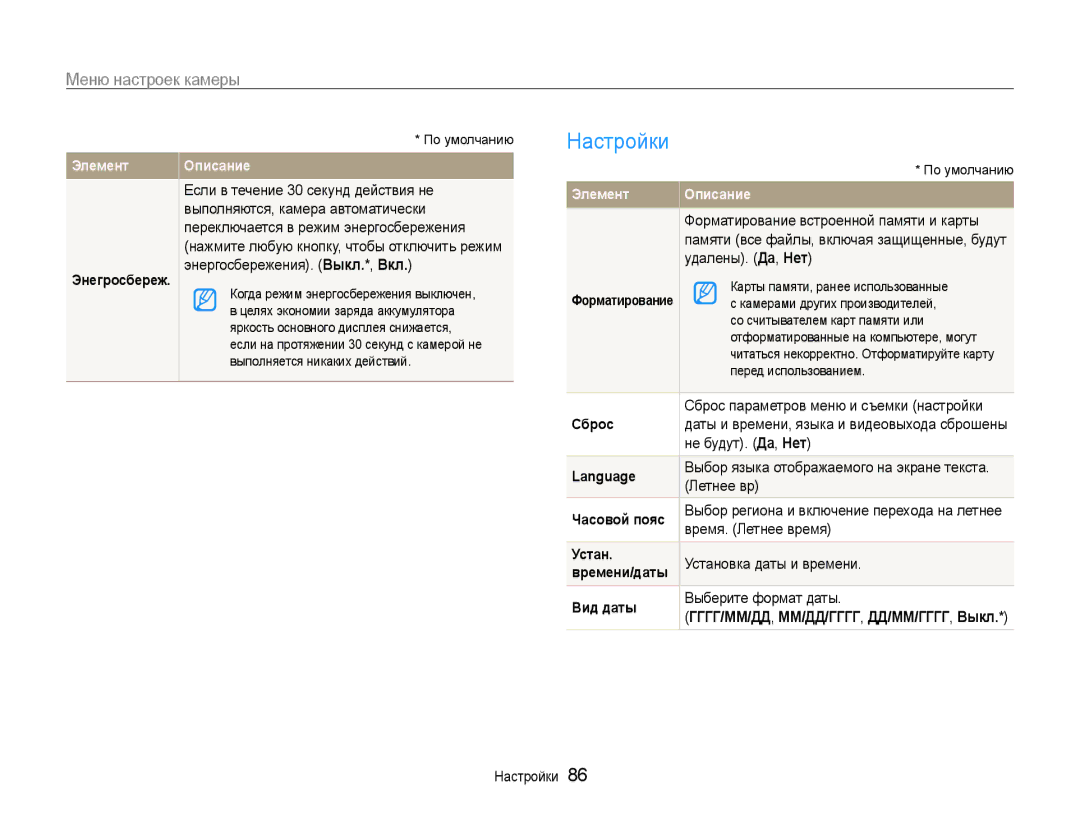 Samsung EC-PL21ZZBPBRU, EC-PL210ZBPBE2, EC-PL210ZBPSRU, EC-PL210ZBPRRU, EC-PL210ZBPBRU manual Настройки 