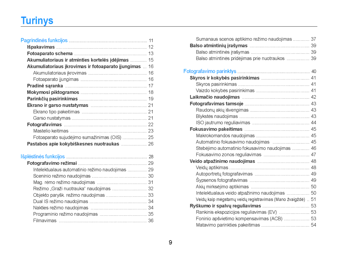 Samsung EC-PL210ZBPBE2 manual Turinys, Pastabos apie kokybiškesnes nuotraukas 