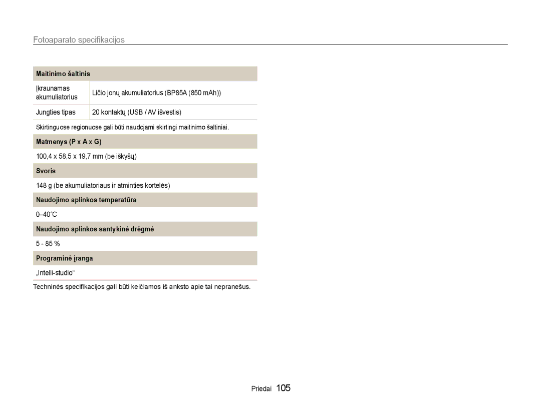 Samsung EC-PL210ZBPBE2 Matmenys P x a x G, Svoris, Naudojimo aplinkos temperatūra, Naudojimo aplinkos santykinė drėgmė 