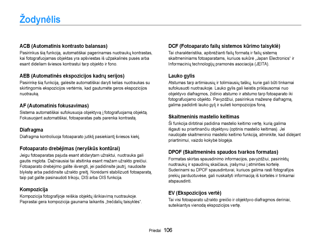 Samsung EC-PL210ZBPBE2 manual Žodynėlis 