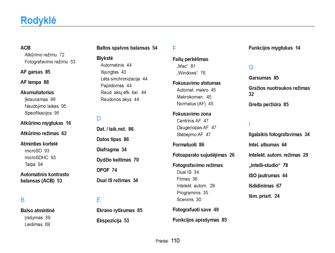 Samsung EC-PL210ZBPBE2 manual Rodyklė 