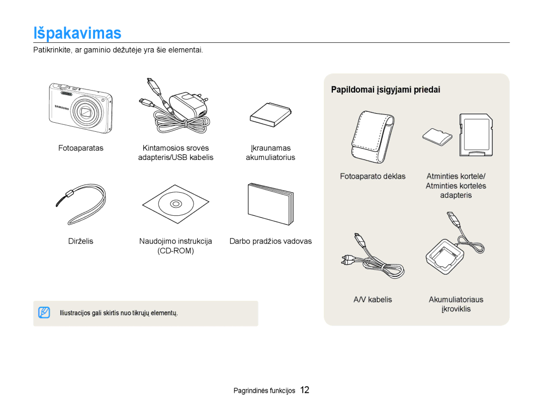 Samsung EC-PL210ZBPBE2 manual Išpakavimas, Papildomai įsigyjami priedai 