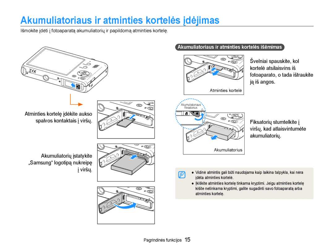 Samsung EC-PL210ZBPBE2 Akumuliatoriaus ir atminties kortelės įdėjimas, Akumuliatoriaus ir atminties kortelės išėmimas 