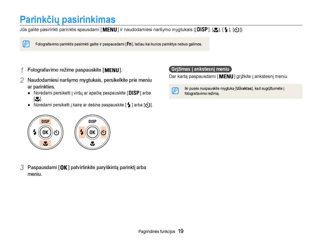 Samsung EC-PL210ZBPBE2 manual Parinkčių pasirinkimas, Ar parinkties, Paspausdami, Meniu, Grįžimas į ankstesnį meniu 