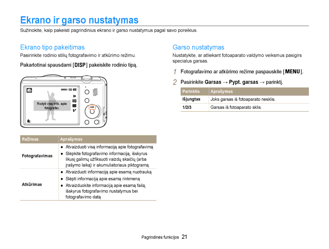 Samsung EC-PL210ZBPBE2 manual Ekrano ir garso nustatymas, Ekrano tipo pakeitimas, Garso nustatymas 