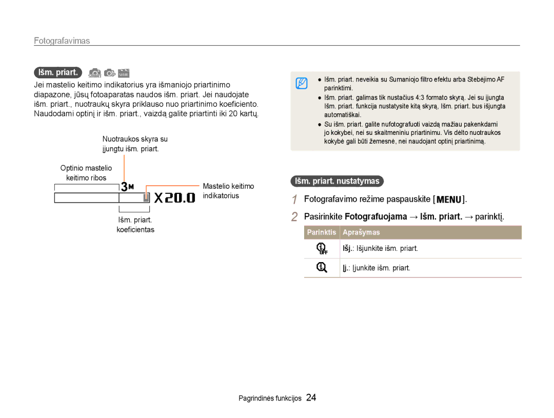 Samsung EC-PL210ZBPBE2 manual Optinio mastelio Keitimo ribos, Išm. priart Koeficientas, Išm. priart. nustatymas 