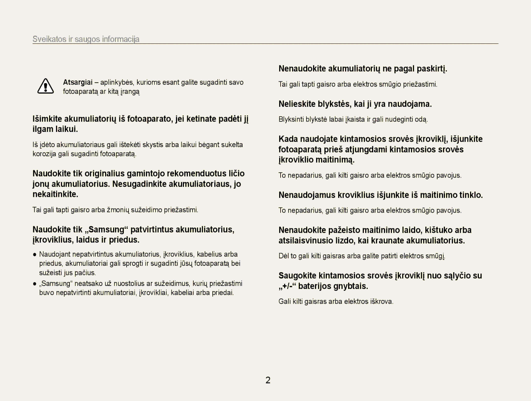 Samsung EC-PL210ZBPBE2 manual Sveikatos ir saugos informacija, Nenaudokite akumuliatorių ne pagal paskirtį 