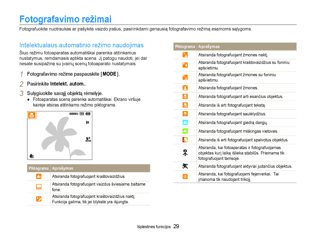 Samsung EC-PL210ZBPBE2 Fotografavimo režimai, Intelektualaus automatinio režimo naudojimas, Pasirinkite Intelekt. autom 