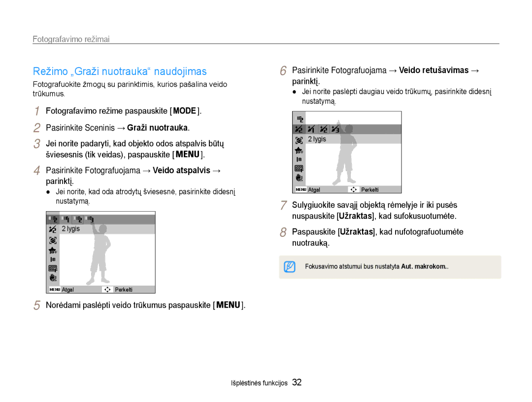 Samsung EC-PL210ZBPBE2 manual Režimo „Graži nuotrauka naudojimas, Fotografavimo režime paspauskite 