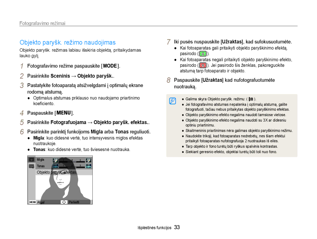 Samsung EC-PL210ZBPBE2 manual Objekto paryšk. režimo naudojimas, Rodomą atstumą, Pasirinkite Sceninis → Objekto paryšk 