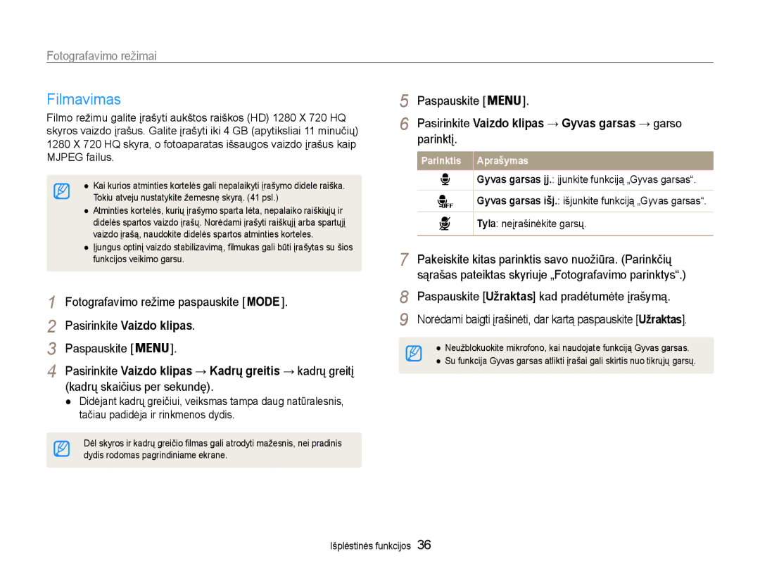 Samsung EC-PL210ZBPBE2 Filmavimas, Parinktį, Kadrų skaičius per sekundę, Paspauskite Užraktas kad pradėtumėte įrašymą 