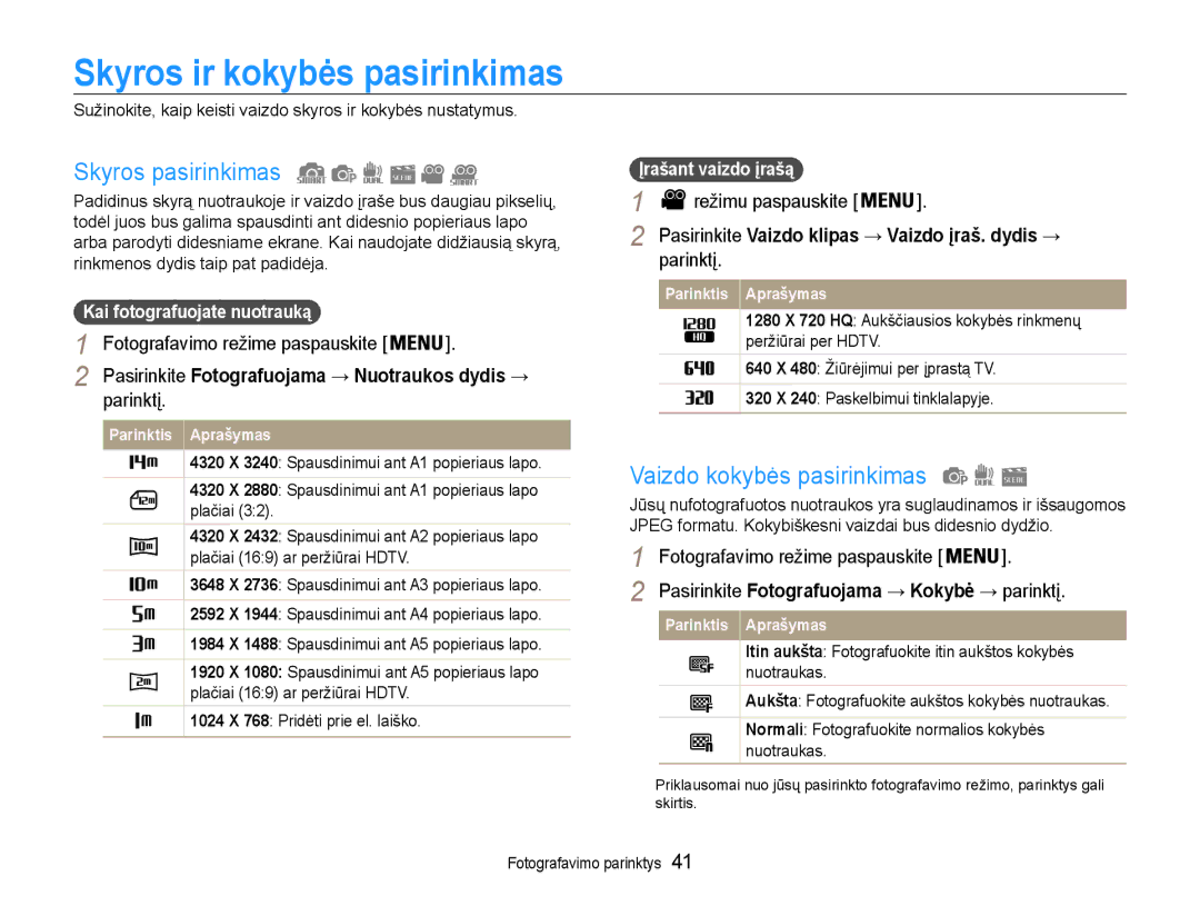 Samsung EC-PL210ZBPBE2 manual Skyros ir kokybės pasirinkimas, Skyros pasirinkimas, Vaizdo kokybės pasirinkimas 