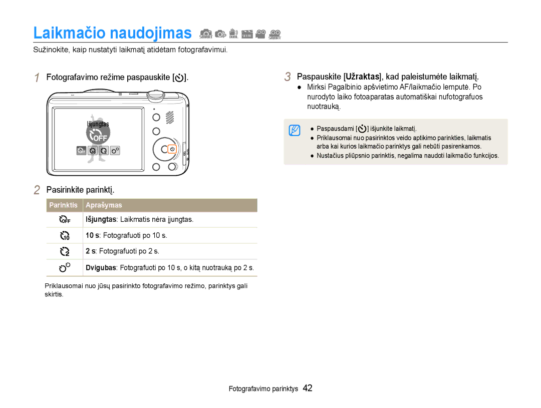 Samsung EC-PL210ZBPBE2 manual Laikmačio naudojimas, Paspauskite Užraktas, kad paleistumėte laikmatį 