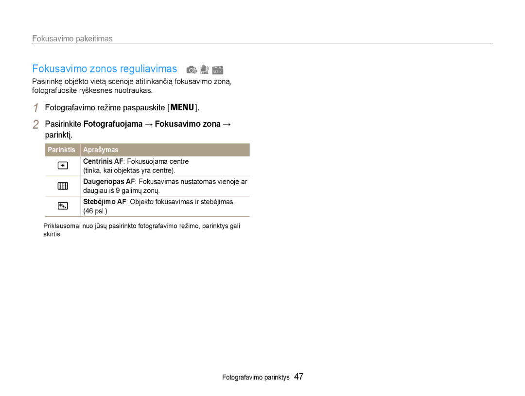 Samsung EC-PL210ZBPBE2 manual Fokusavimo zonos reguliavimas, Parinktį 