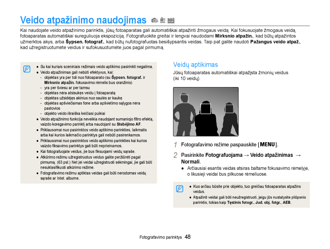 Samsung EC-PL210ZBPBE2 manual Veido atpažinimo naudojimas, Veidų aptikimas, Normali 