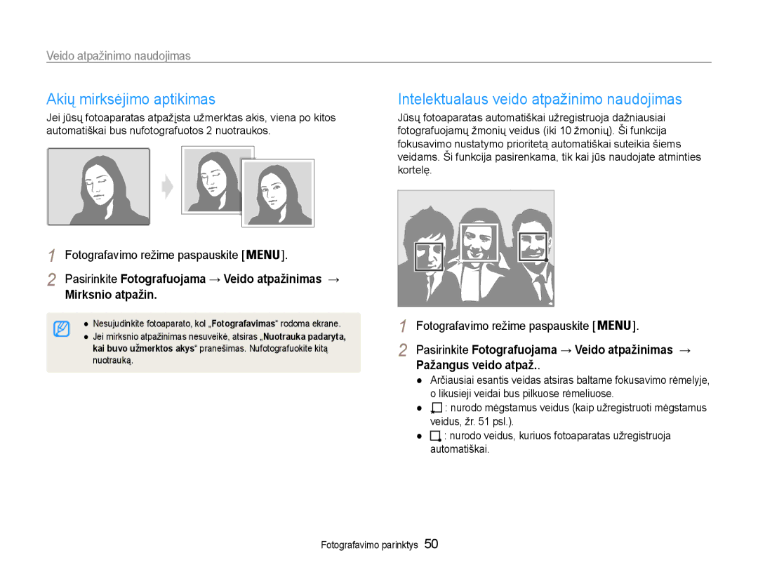 Samsung EC-PL210ZBPBE2 manual Akių mirksėjimo aptikimas, Intelektualaus veido atpažinimo naudojimas, Mirksnio atpažin 