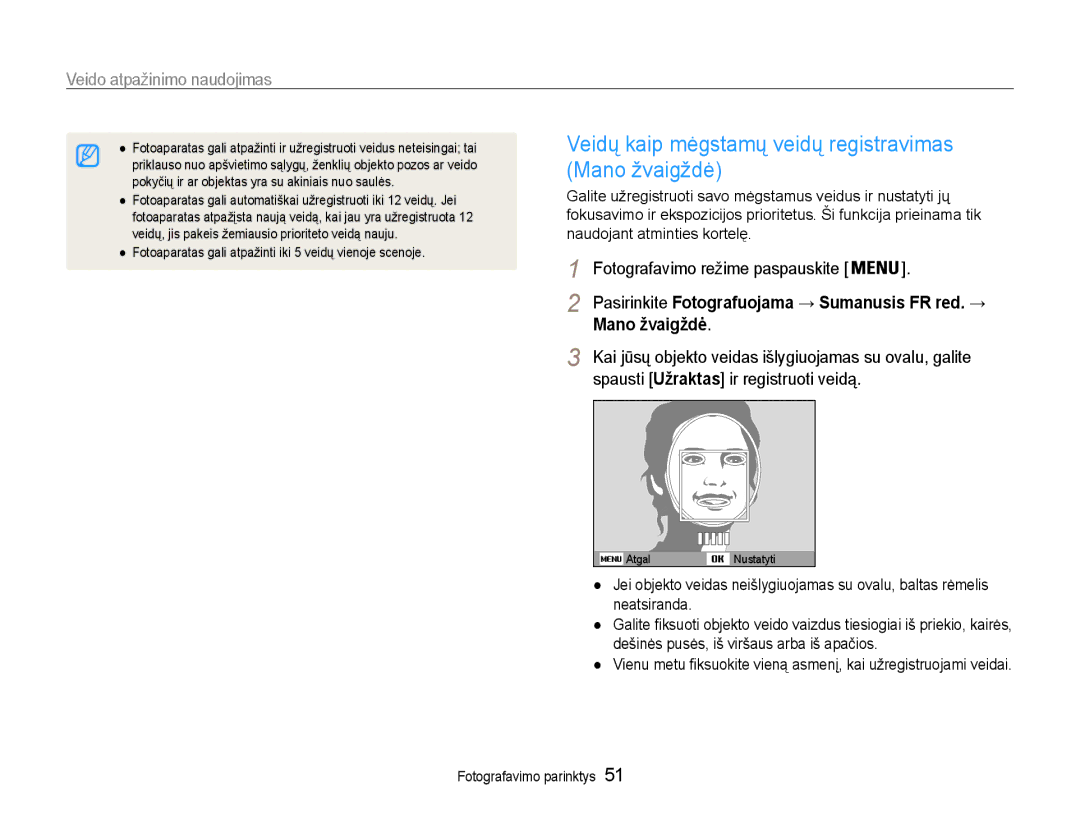 Samsung EC-PL210ZBPBE2 manual Veidų kaip mėgstamų veidų registravimas Mano žvaigždė, Spausti Užraktas ir registruoti veidą 