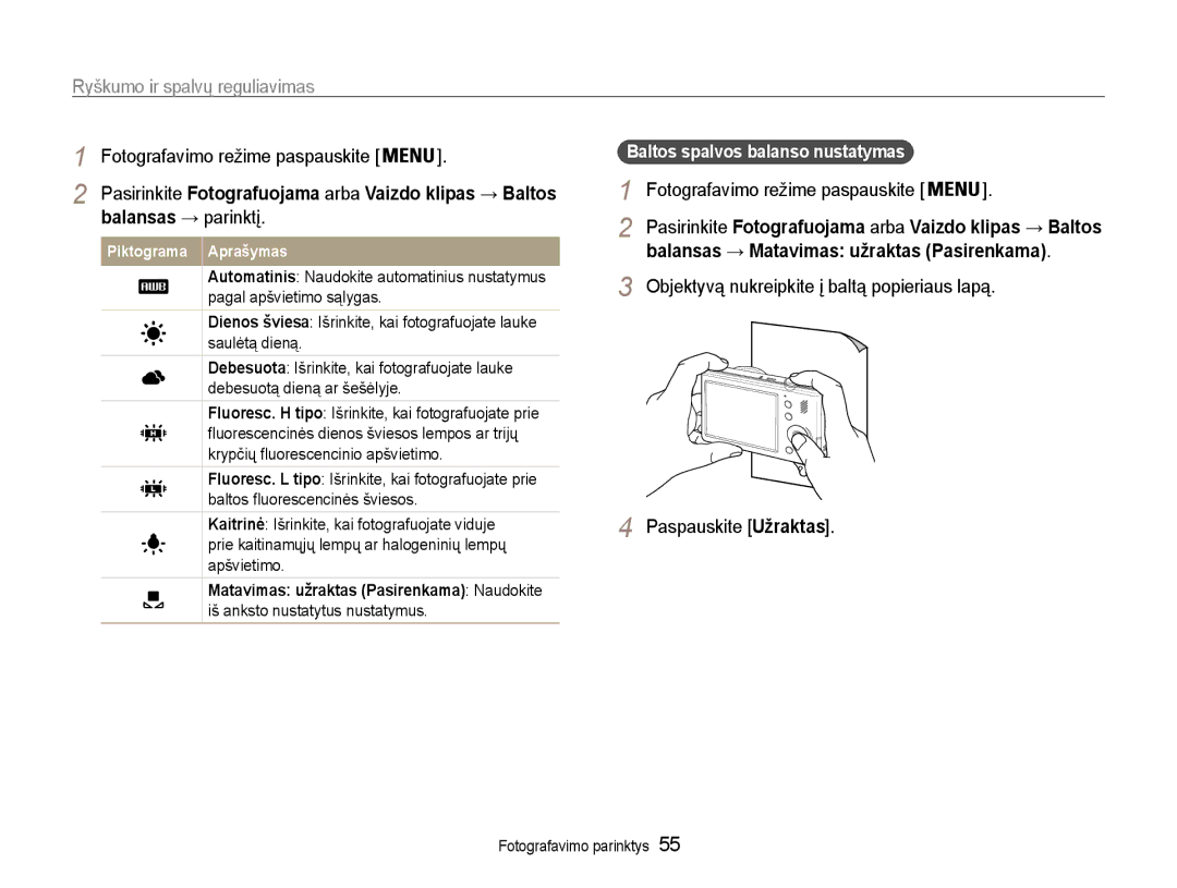 Samsung EC-PL210ZBPBE2 manual Objektyvą nukreipkite į baltą popieriaus lapą, Paspauskite Užraktas 