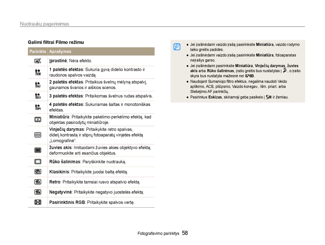 Samsung EC-PL210ZBPBE2 manual Nuotraukų pagerinimas, Galimi filtrai Filmo režimu 