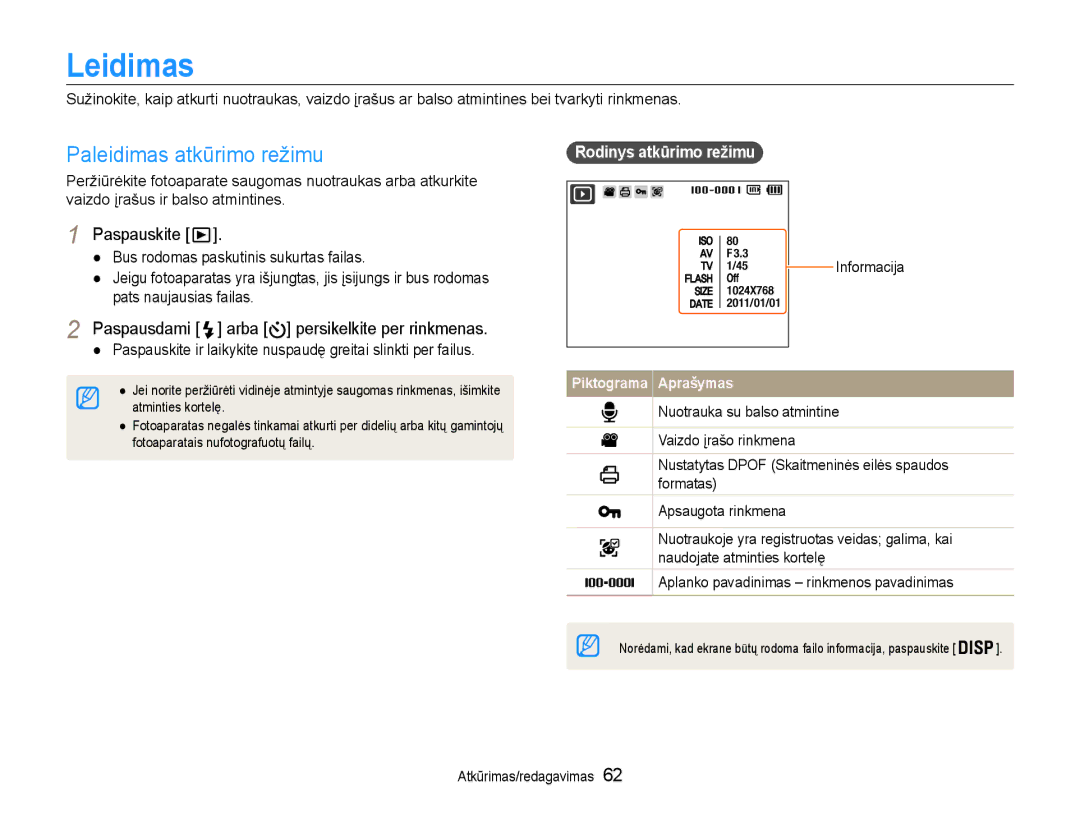 Samsung EC-PL210ZBPBE2 Leidimas, Paleidimas atkūrimo režimu, Paspausdami arba persikelkite per rinkmenas, Informacija 