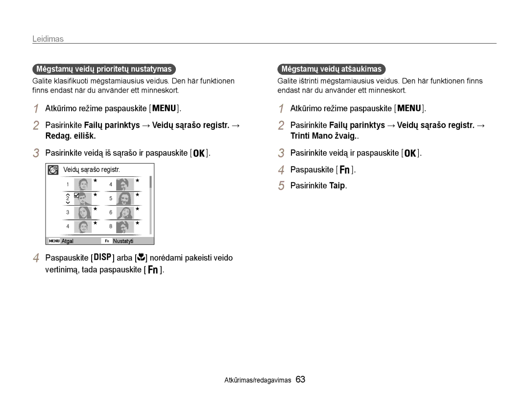 Samsung EC-PL210ZBPBE2 manual Leidimas, Redag. eilišk, Atkūrimo režime paspauskite, Mėgstamų veidų prioritetų nustatymas 