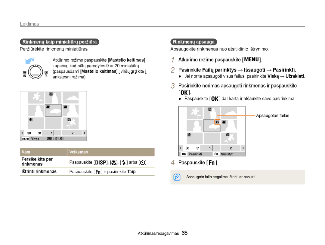 Samsung EC-PL210ZBPBE2 manual Pasirinkite norimas apsaugoti rinkmenas ir paspauskite, Rinkmenų kaip miniatiūrų peržiūra 