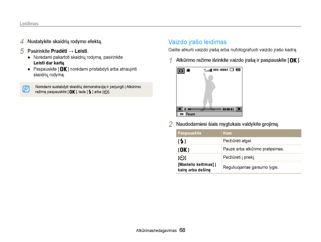 Samsung EC-PL210ZBPBE2 manual Vaizdo įrašo leidimas, Naudodamiesi šiais mygtukais valdykite grojimą 