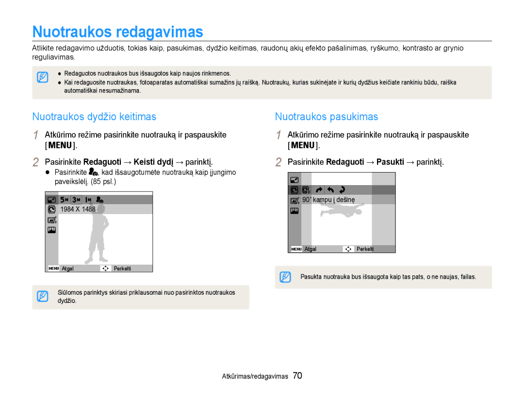 Samsung EC-PL210ZBPBE2 manual Nuotraukos redagavimas, Nuotraukos dydžio keitimas, Nuotraukos pasukimas 