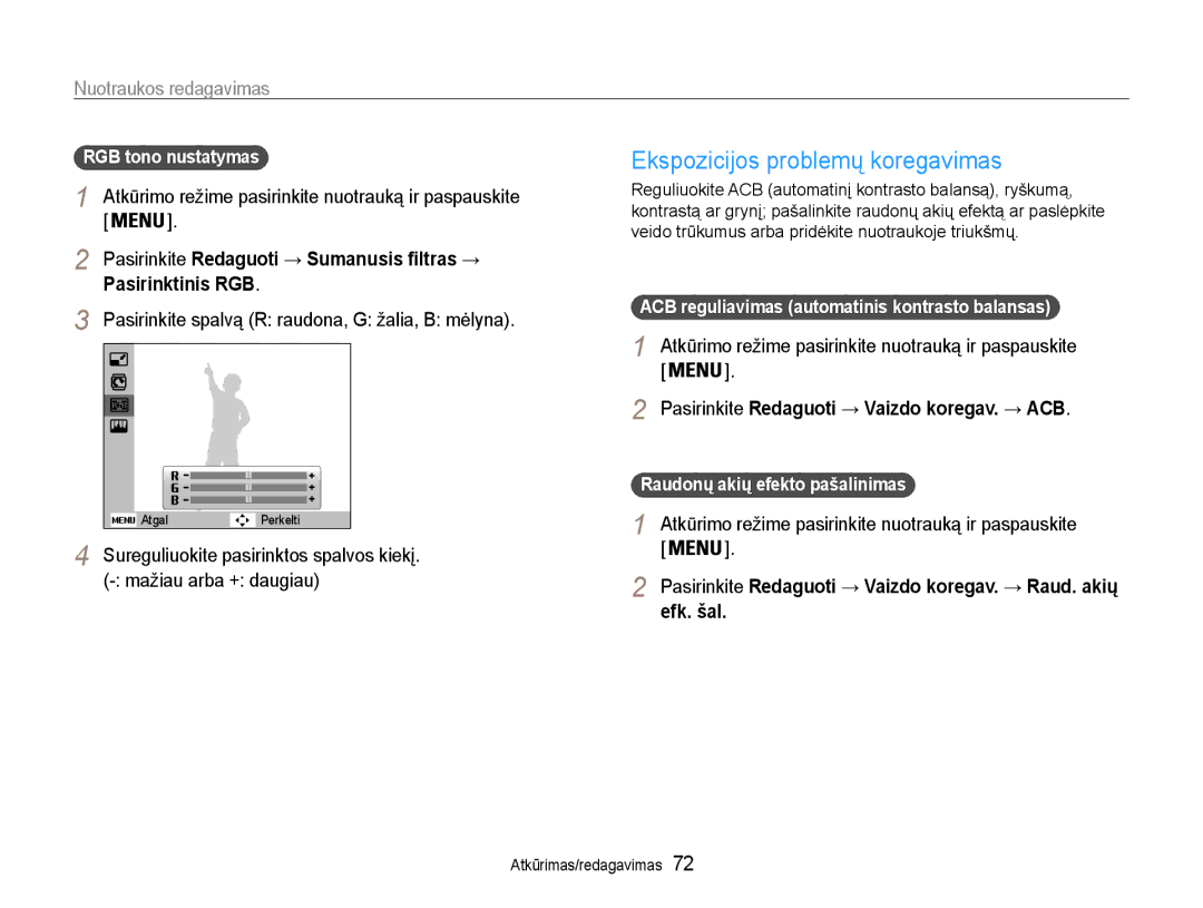 Samsung EC-PL210ZBPBE2 Ekspozicijos problemų koregavimas, Pasirinktinis RGB, Pasirinkite Redaguoti → Vaizdo koregav. → ACB 