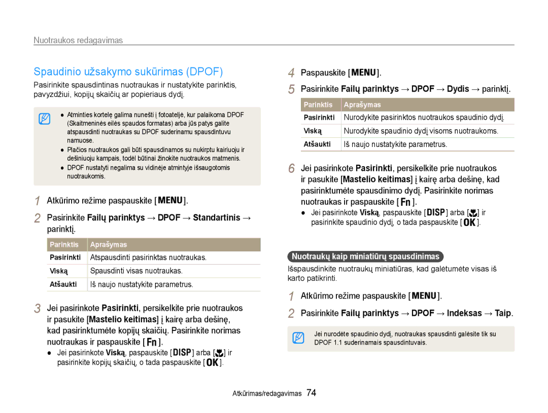 Samsung EC-PL210ZBPBE2 manual Spaudinio užsakymo sukūrimas Dpof, Ir pasukite Mastelio keitimas į kairę arba dešinę 