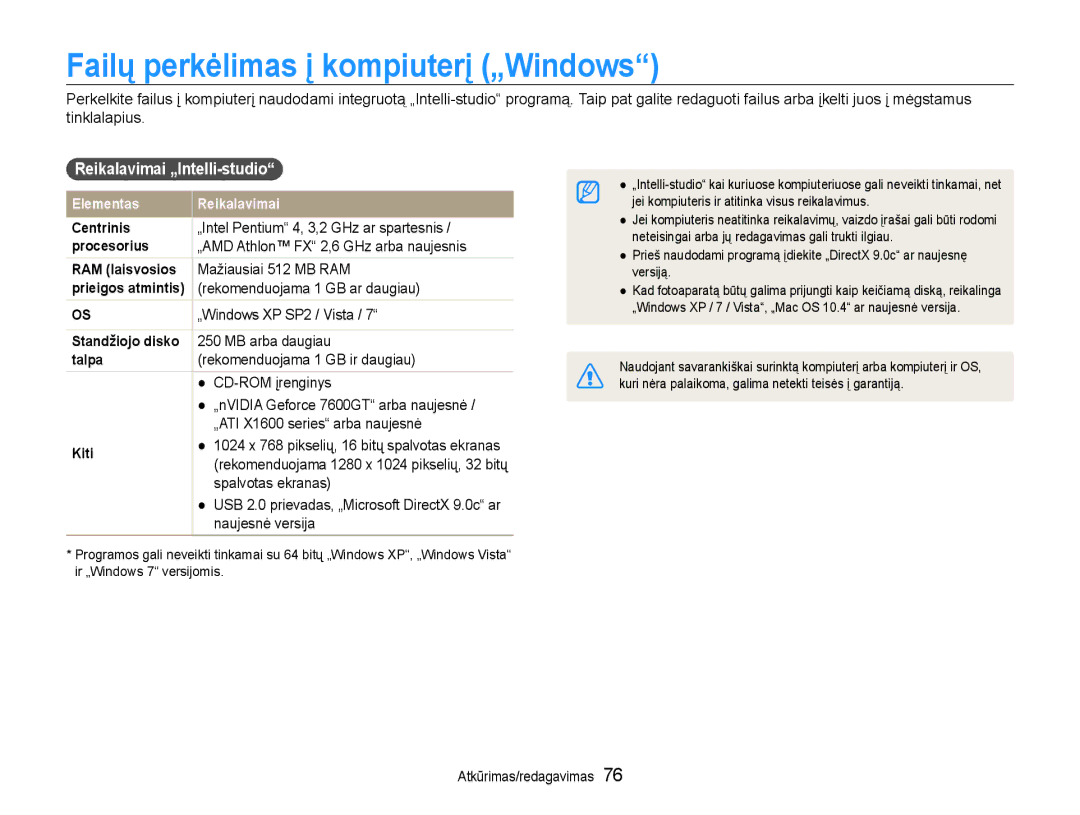 Samsung EC-PL210ZBPBE2 manual Failų perkėlimas į kompiuterį „Windows, Reikalavimai „Intelli-studio 