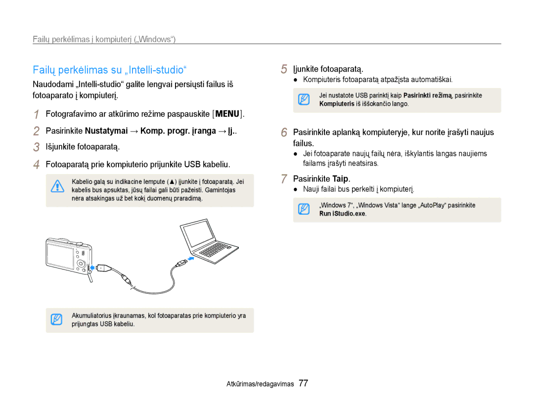 Samsung EC-PL210ZBPBE2 Failų perkėlimas su „Intelli-studio, Failų perkėlimas į kompiuterį „Windows, Įjunkite fotoaparatą 