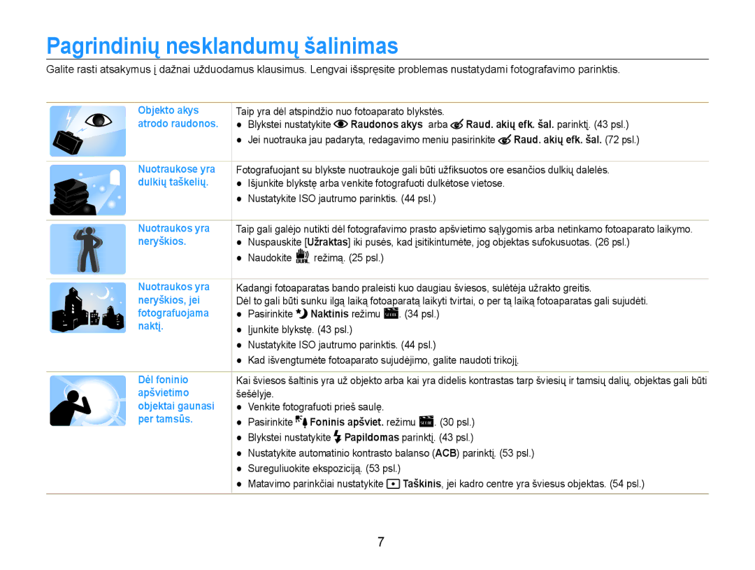 Samsung EC-PL210ZBPBE2 manual Pagrindinių nesklandumų šalinimas, Raudonos akys arba Raud. akių efk. šal. parinktį psl 