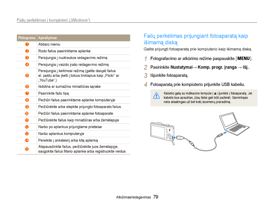 Samsung EC-PL210ZBPBE2 manual Failų perkėlimas prijungiant fotoaparatą kaip išimamą diską, Išjunkite fotoaparatą 