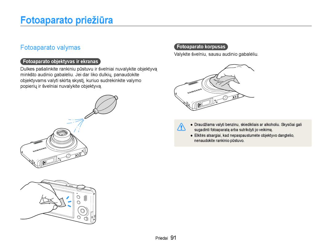 Samsung EC-PL210ZBPBE2 Fotoaparato priežiūra, Fotoaparato valymas, Fotoaparato objektyvas ir ekranas, Fotoaparato korpusas 