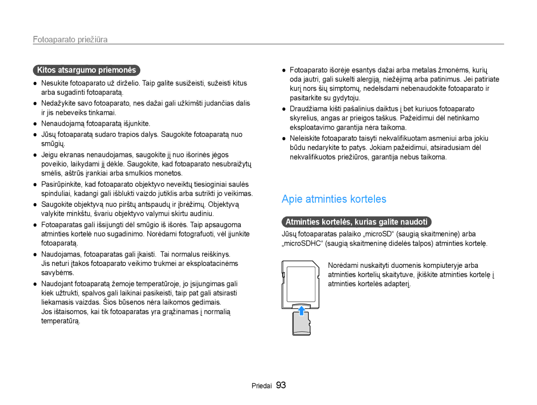 Samsung EC-PL210ZBPBE2 manual Apie atminties korteles, Kitos atsargumo priemonės, Atminties kortelės, kurias galite naudoti 