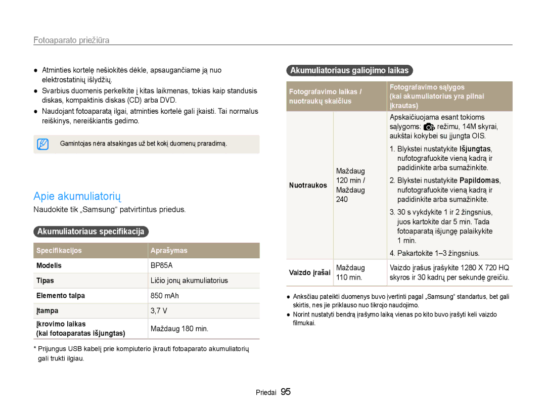 Samsung EC-PL210ZBPBE2 manual Apie akumuliatorių, Akumuliatoriaus specifikacija, Akumuliatoriaus galiojimo laikas 