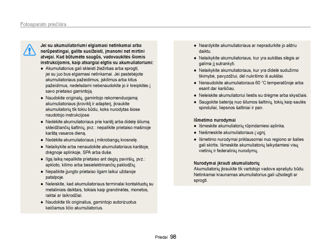 Samsung EC-PL210ZBPBE2 manual Išmetimo nurodymai, Nurodymai įkrauti akumuliatorių 