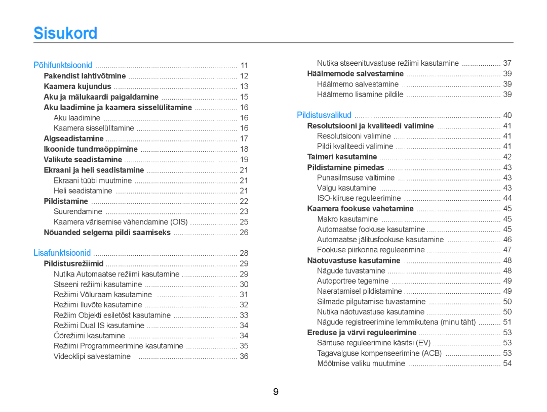 Samsung EC-PL210ZBPBE2 manual Sisukord, Aku laadimine ja kaamera sisselülitamine 