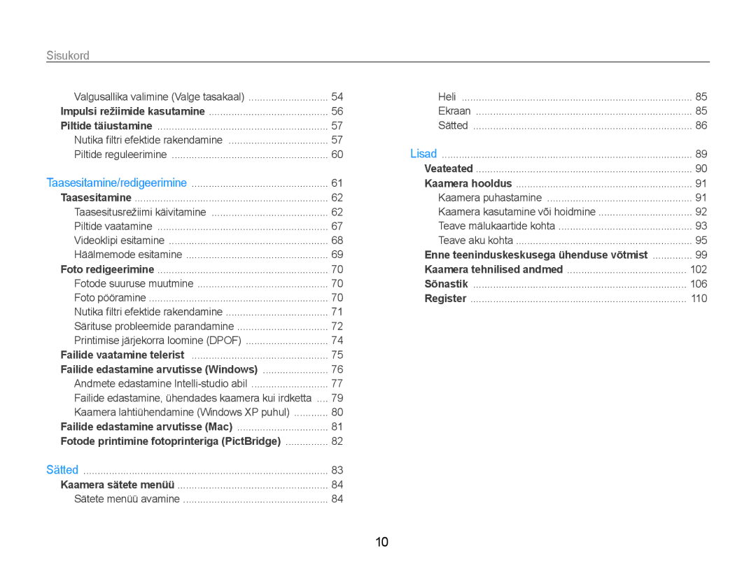 Samsung EC-PL210ZBPBE2 manual Sisukord﻿, Enne teeninduskeskusega ühenduse võtmist 