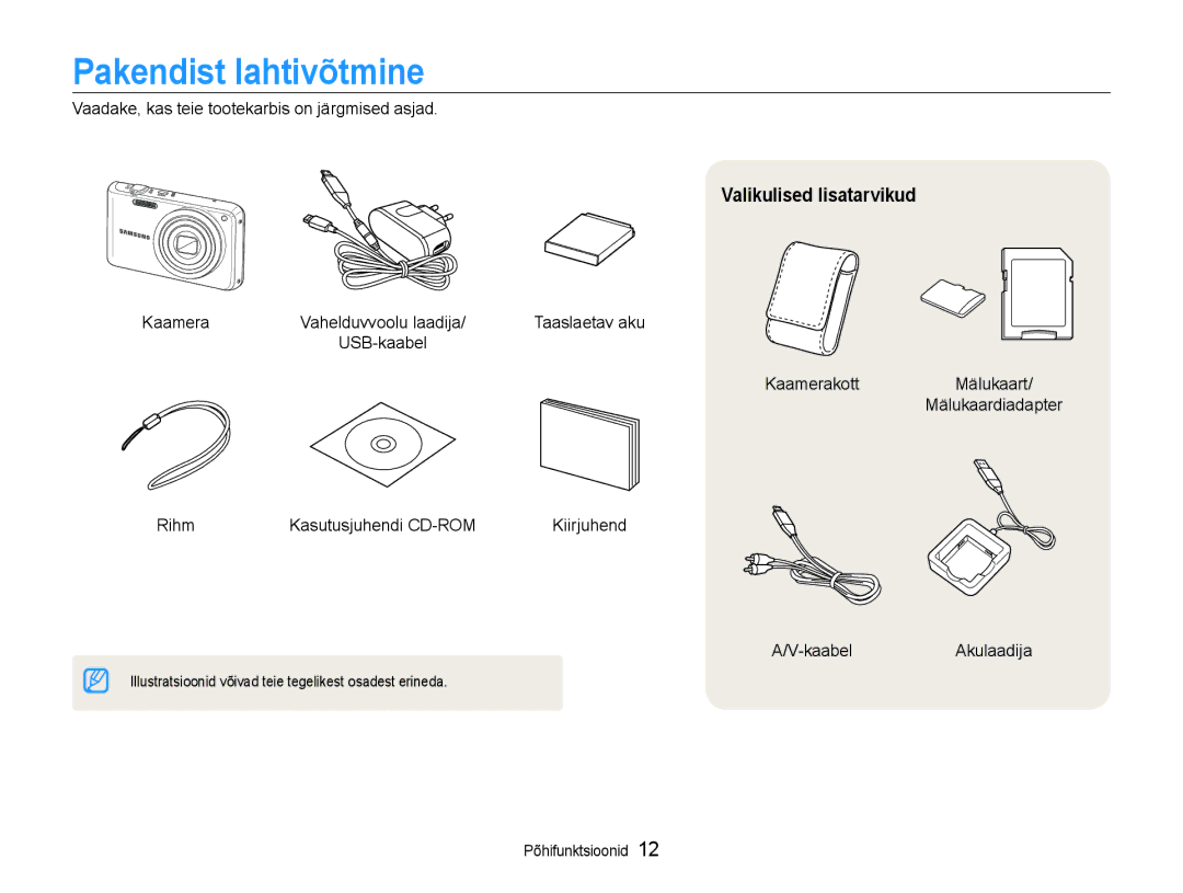 Samsung EC-PL210ZBPBE2 Pakendist lahtivõtmine, Valikulised lisatarvikud, Vaadake, kas teie tootekarbis on järgmised asjad 