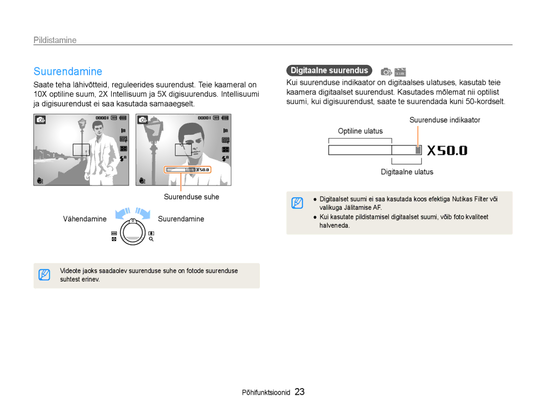 Samsung EC-PL210ZBPBE2 manual Pildistamine, Suurenduse suhe Vähendamine Suurendamine, Digitaalne suurendus 