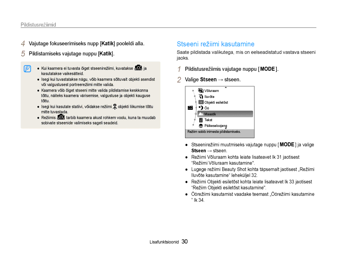 Samsung EC-PL210ZBPBE2 manual Stseeni režiimi kasutamine, Pildistusrežiimid, Valige Stseen → stseen 