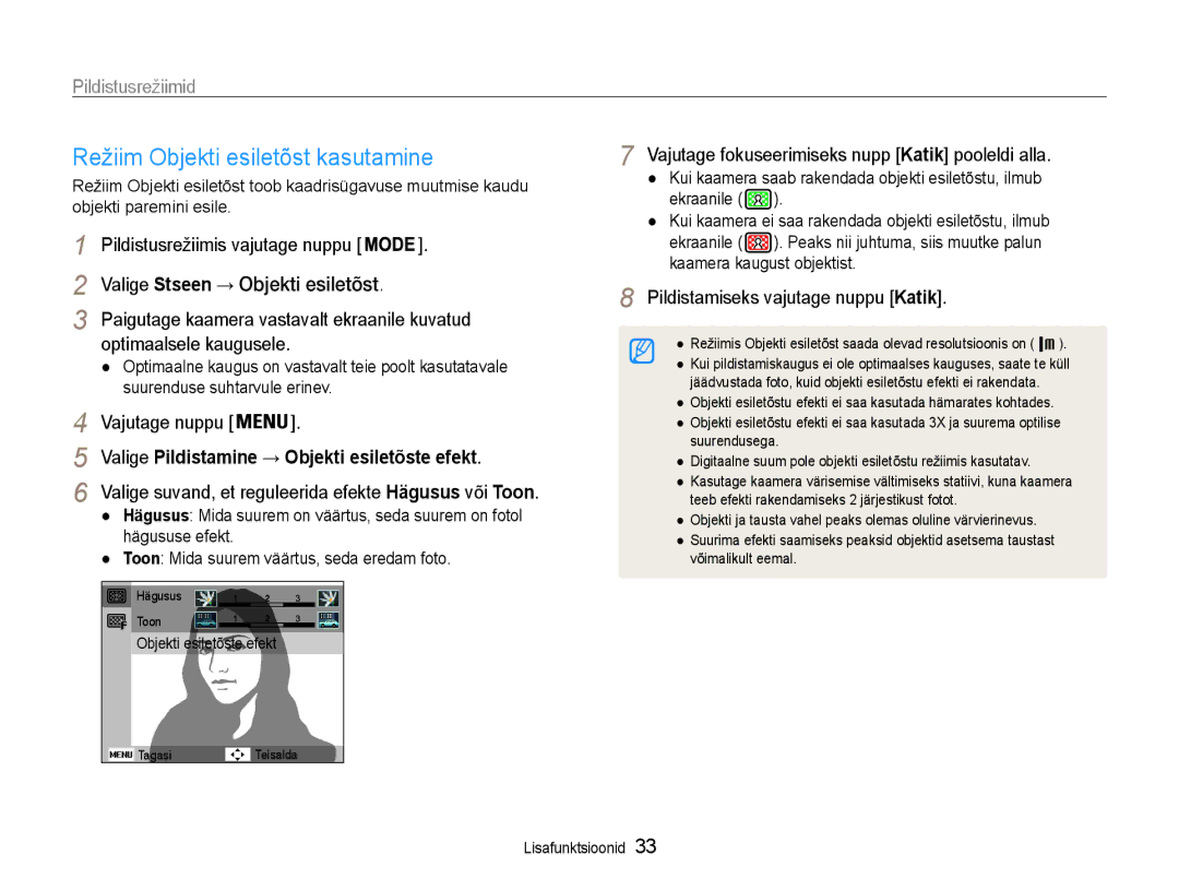 Samsung EC-PL210ZBPBE2 Režiim Objekti esiletõst kasutamine, Valige Stseen → Objekti esiletõst, Optimaalsele kaugusele 