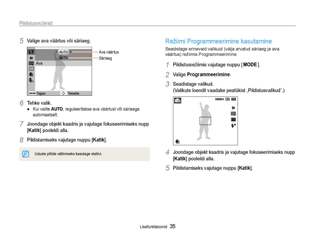 Samsung EC-PL210ZBPBE2 manual Režiimi Programmeerimine kasutamine, Valige ava väärtus või säriaeg, Tehke valik 