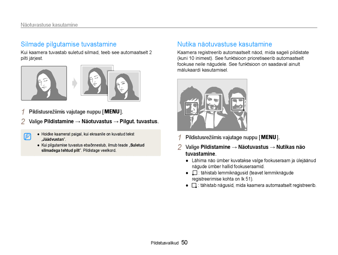 Samsung EC-PL210ZBPBE2 manual Silmade pilgutamise tuvastamine, Nutika näotuvastuse kasutamine, Tuvastamine 