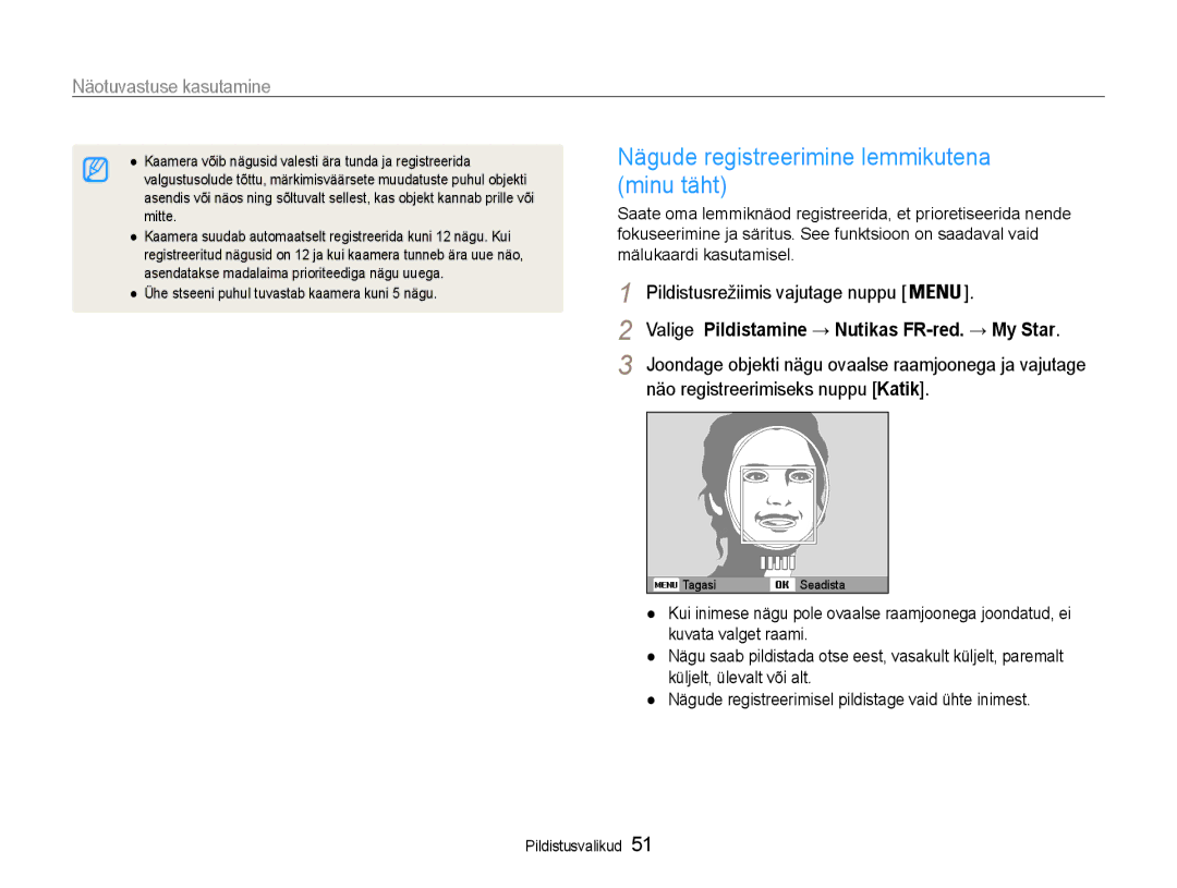 Samsung EC-PL210ZBPBE2 manual Nägude registreerimine lemmikutena minu täht, Pildistusrežiimis vajutage nuppu 